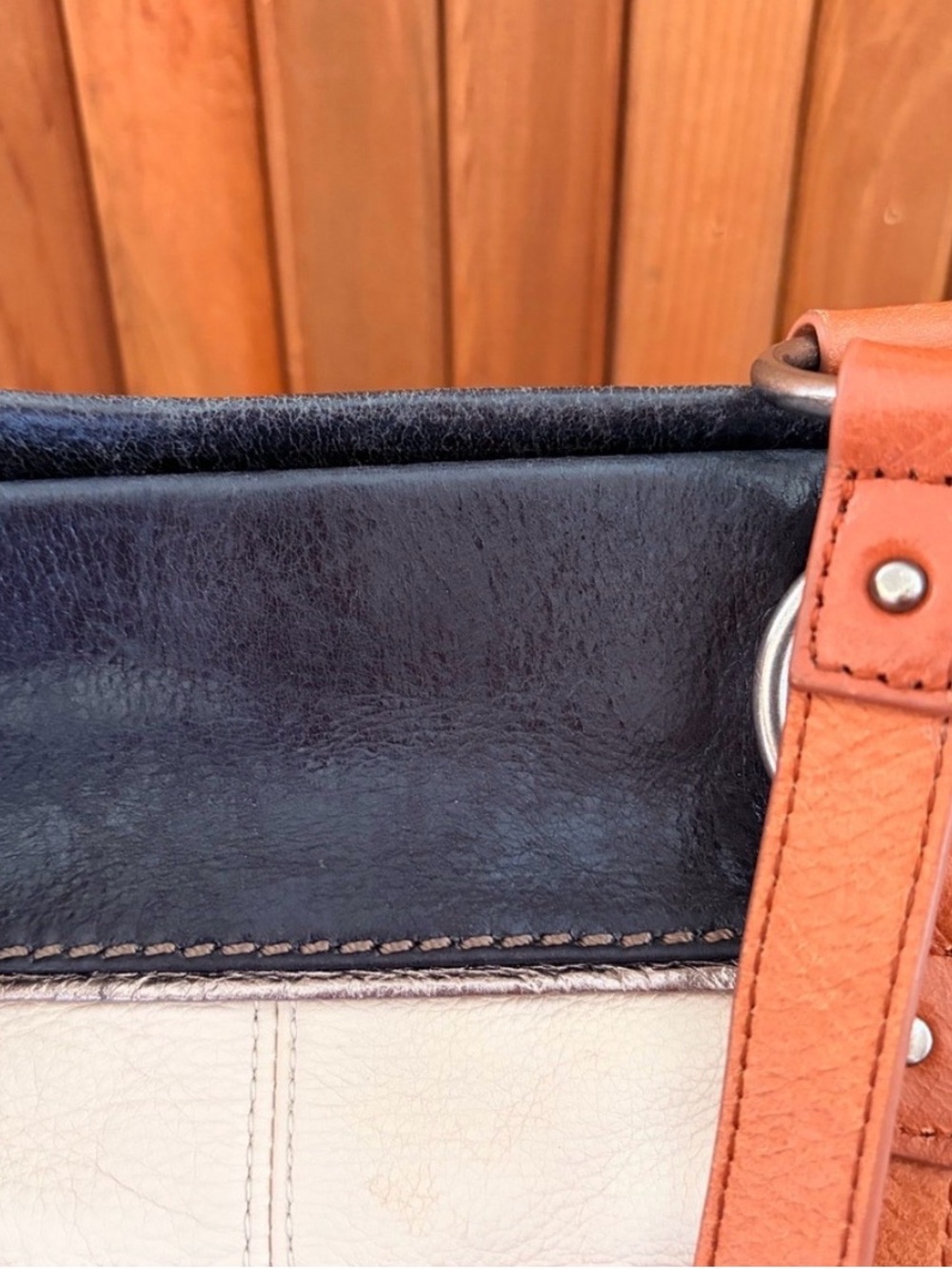 The Sak Colorblock Leather Tote Shoulder Bag Cream Brown Navy Work - Picture 3 of 10